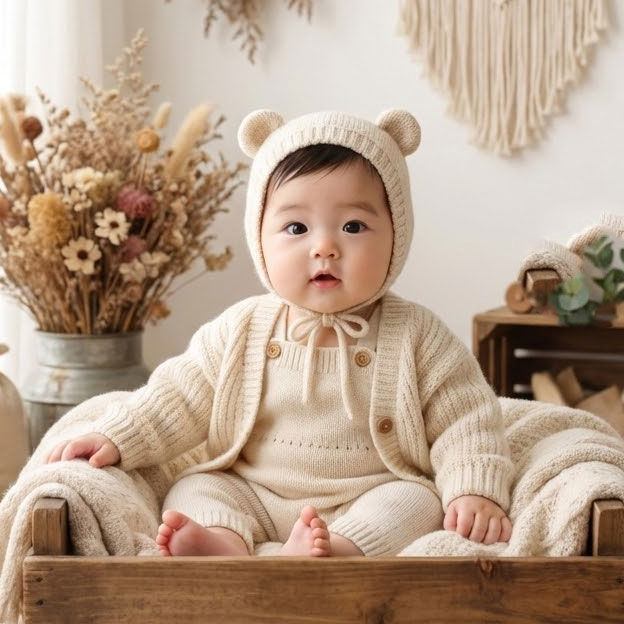 앉아 있는 아기곰 컨셉사진