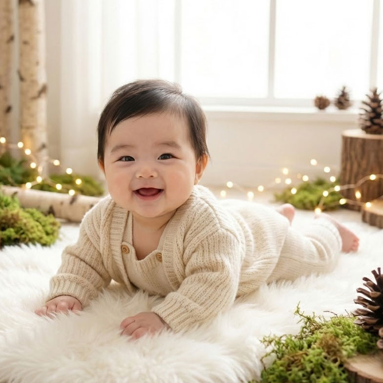 엎드려서 고개를 들고 웃는 아기사진