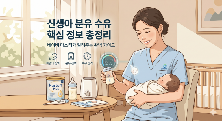 신생아 분유 수유 핵심 정보 총정리를 안내하는 베이비마스터 산후도우미 일러스트. 전문가가 아기를 안고 36.5도의 적정 분유 온도를 확인하고 있으며, 배앓이 방지, 분유 선택, 수유 간격 팁을 시각적으로 설명하는 블로그 썸네일 이미지.