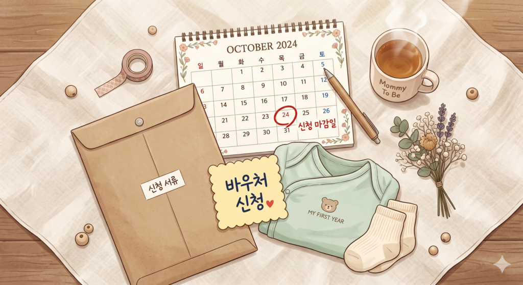 산모신생아 건강관리 바우처 신청 시기와 절차를 안내하는 달력과 출산 준비물 이미지