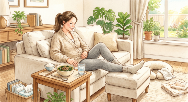 산후 부기 관리를 위해 회복식과 수분을 챙기며 다리를 올리고 휴식하는 산모