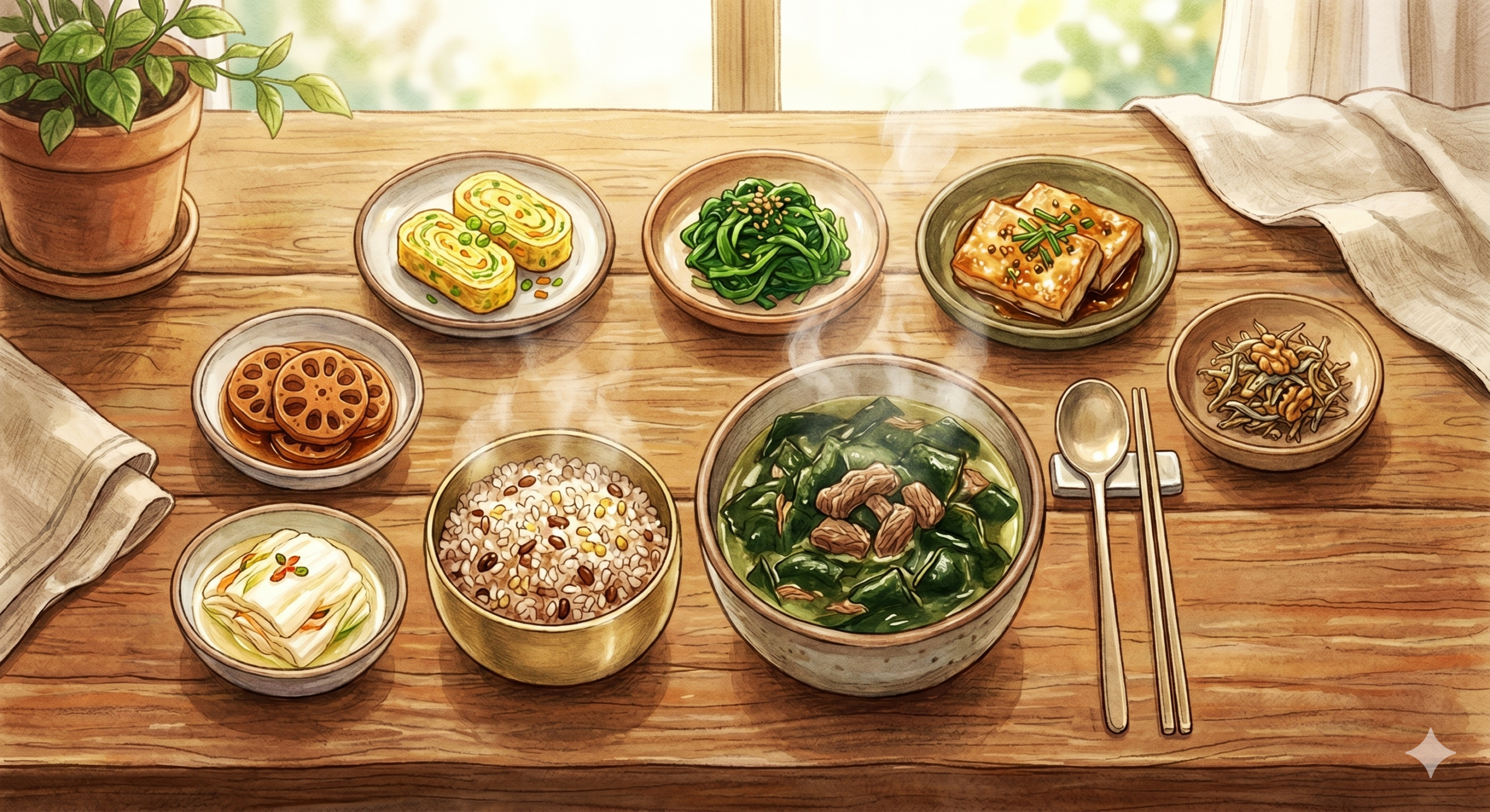 산모 산후조리 회복식 식단 - 미역국과 단백질·철분 반찬 한 상 차림