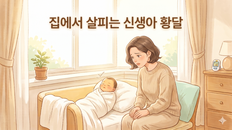 집에서 자연광으로 신생아 황달을 살피는 산후관리사