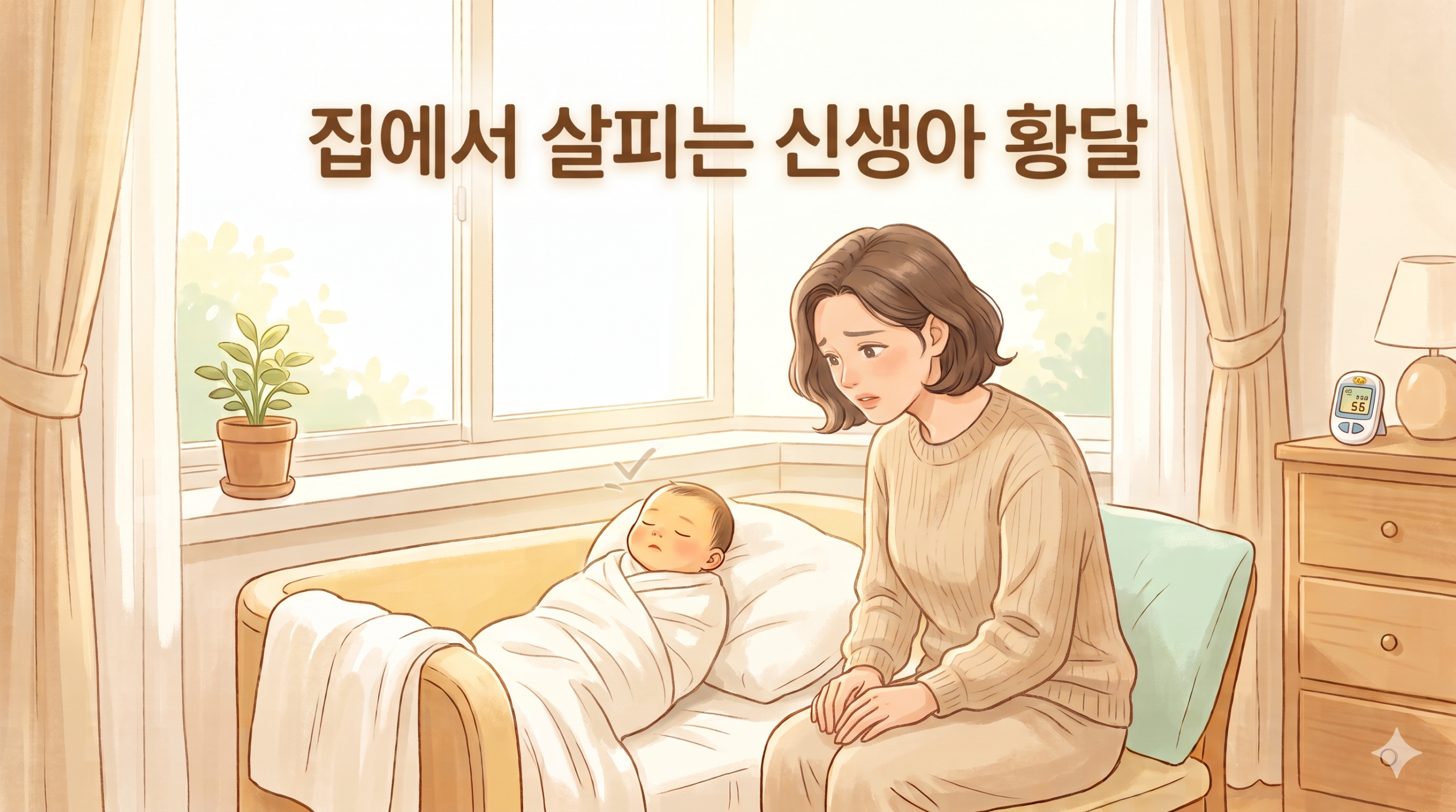 집에서 자연광으로 신생아 황달을 살피는 산후관리사