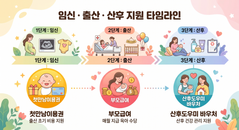 출산 정부지원금을 임신·출산·산후 순서대로 정리한 신청 체크리스트 인포그래픽