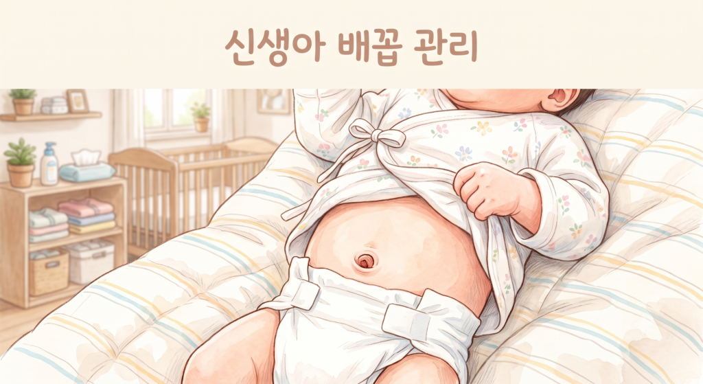 신생아 배꼽 관리 방법을 보여주는 기저귀를 배꼽 아래로 접은 신생아 이미지