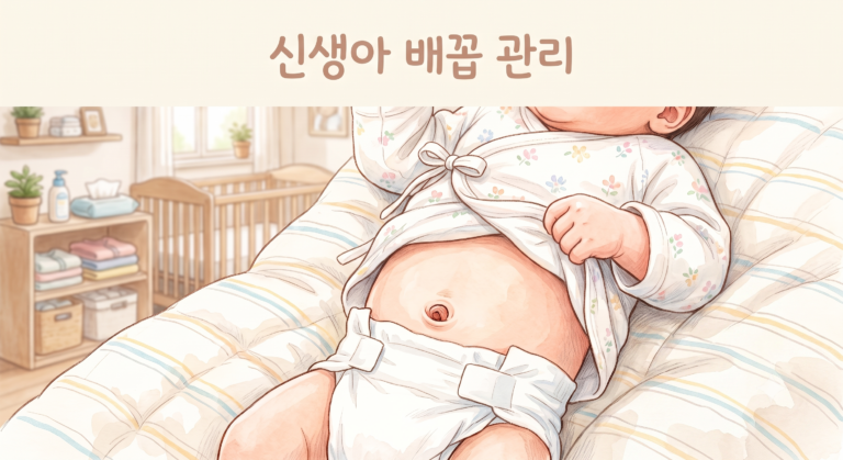신생아 배꼽 관리 방법을 보여주는 기저귀를 배꼽 아래로 접은 신생아 이미지