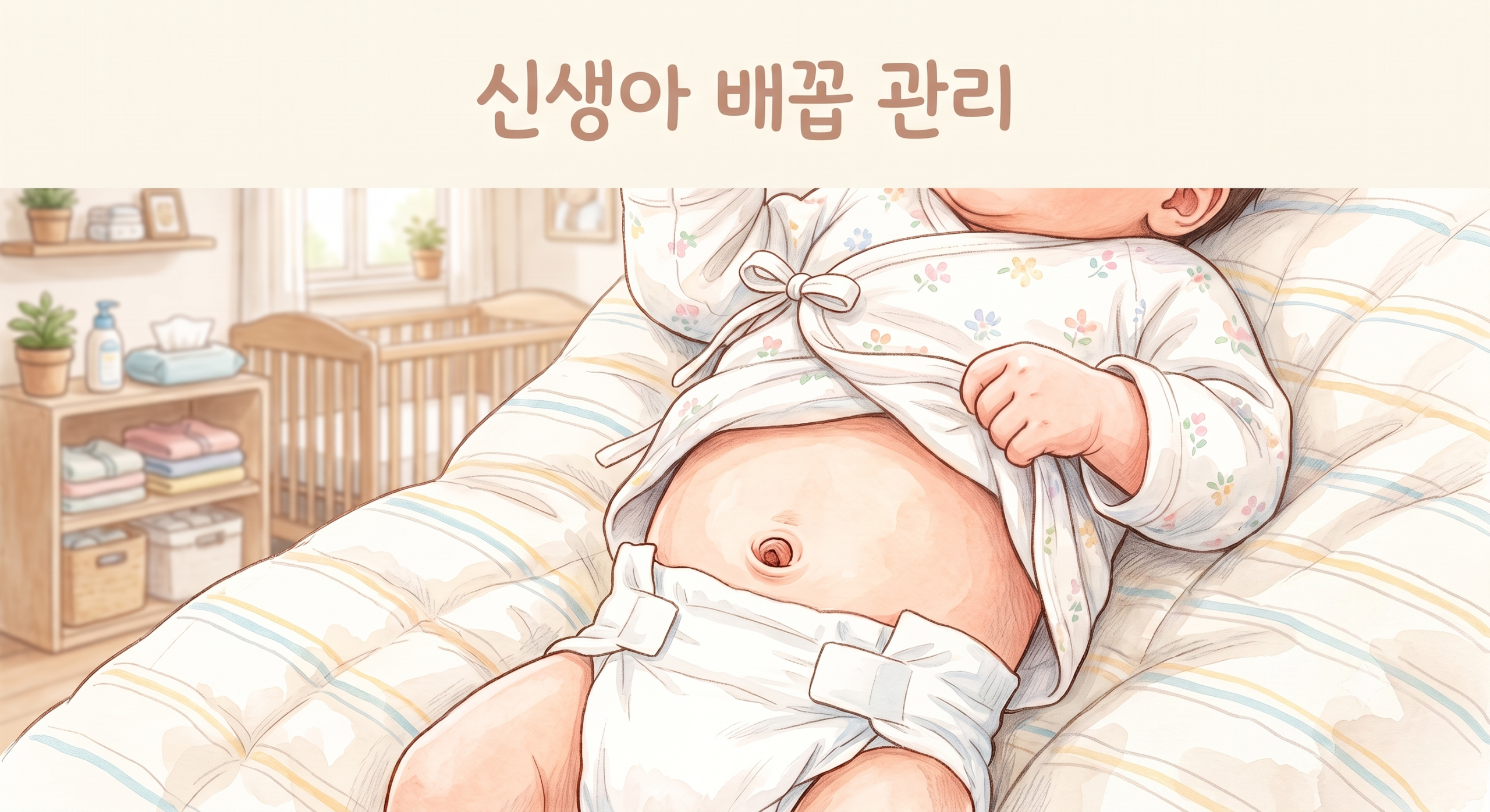 신생아 배꼽 관리 방법을 보여주는 기저귀를 배꼽 아래로 접은 신생아 이미지