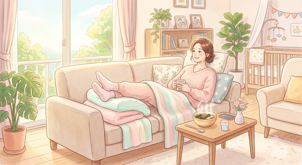 산후 붓기 회복을 위해 다리를 올리고 쉬는 산모
