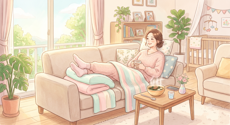 산후 붓기 회복을 위해 다리를 올리고 쉬는 산모