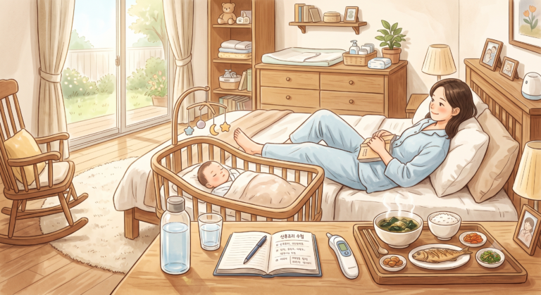 산후 회복 체크리스트를 준비하는 산모 가정 산후조리 모습