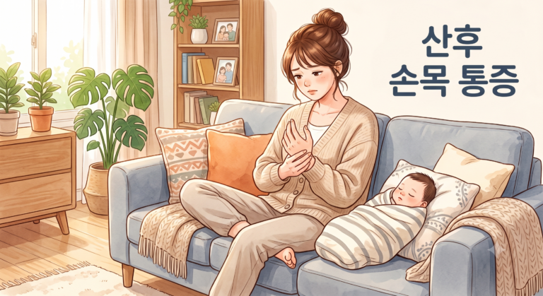 산후 손목 통증으로 엄지 아래 손목을 감싸 쥔 산모의 모습