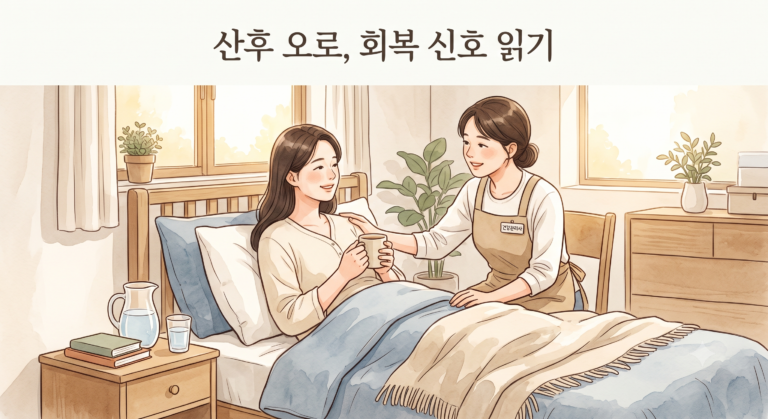 산후 오로 회복기를 지나는 산모를 건강관리사가 곁에서 돌보는 모습