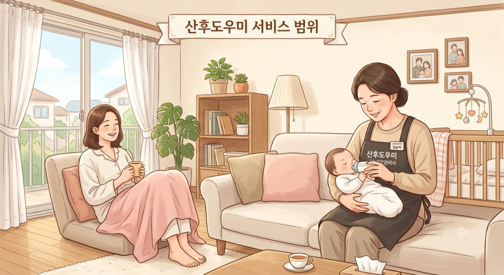 산후도우미 서비스 범위를 보여주는 산모신생아 건강관리사의 신생아 수유 케어 장면