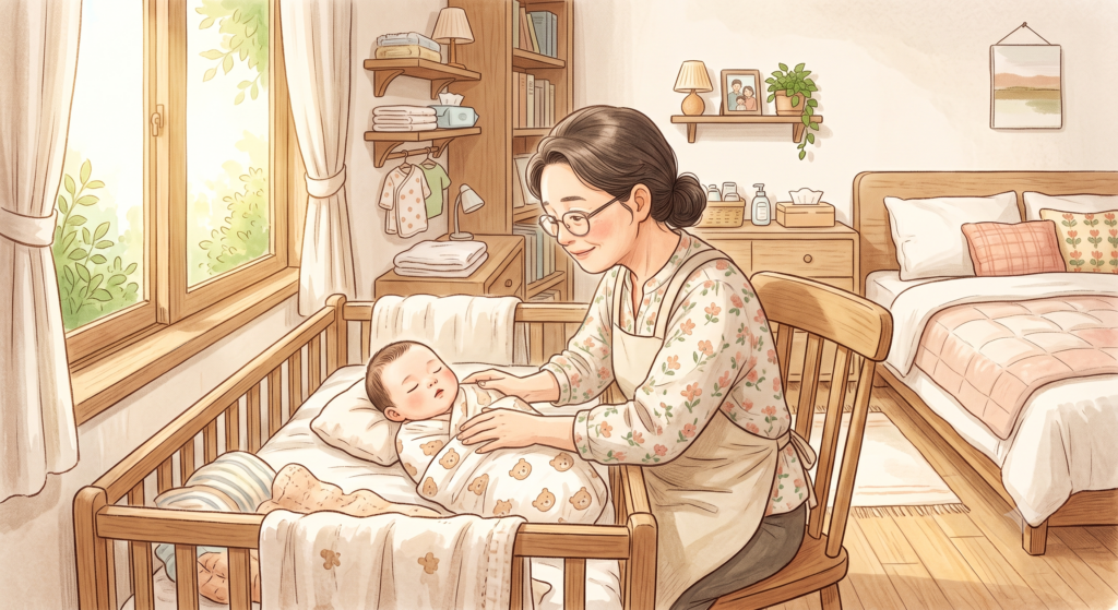 신생아 황달 병원 신호를 확인하는 산후도우미 신생아 케어 장면