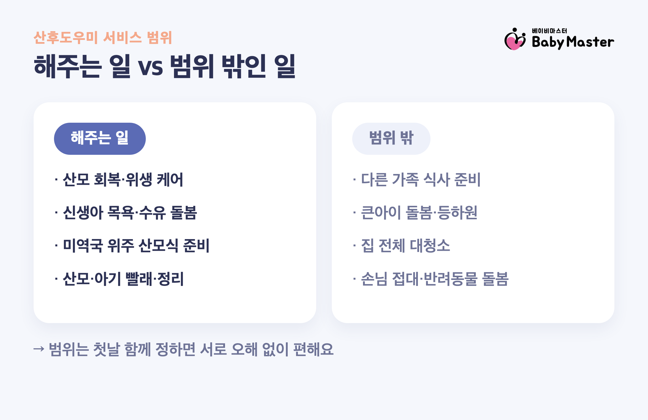 산후도우미 서비스 범위 - 해주는 일과 범위 밖인 일 비교