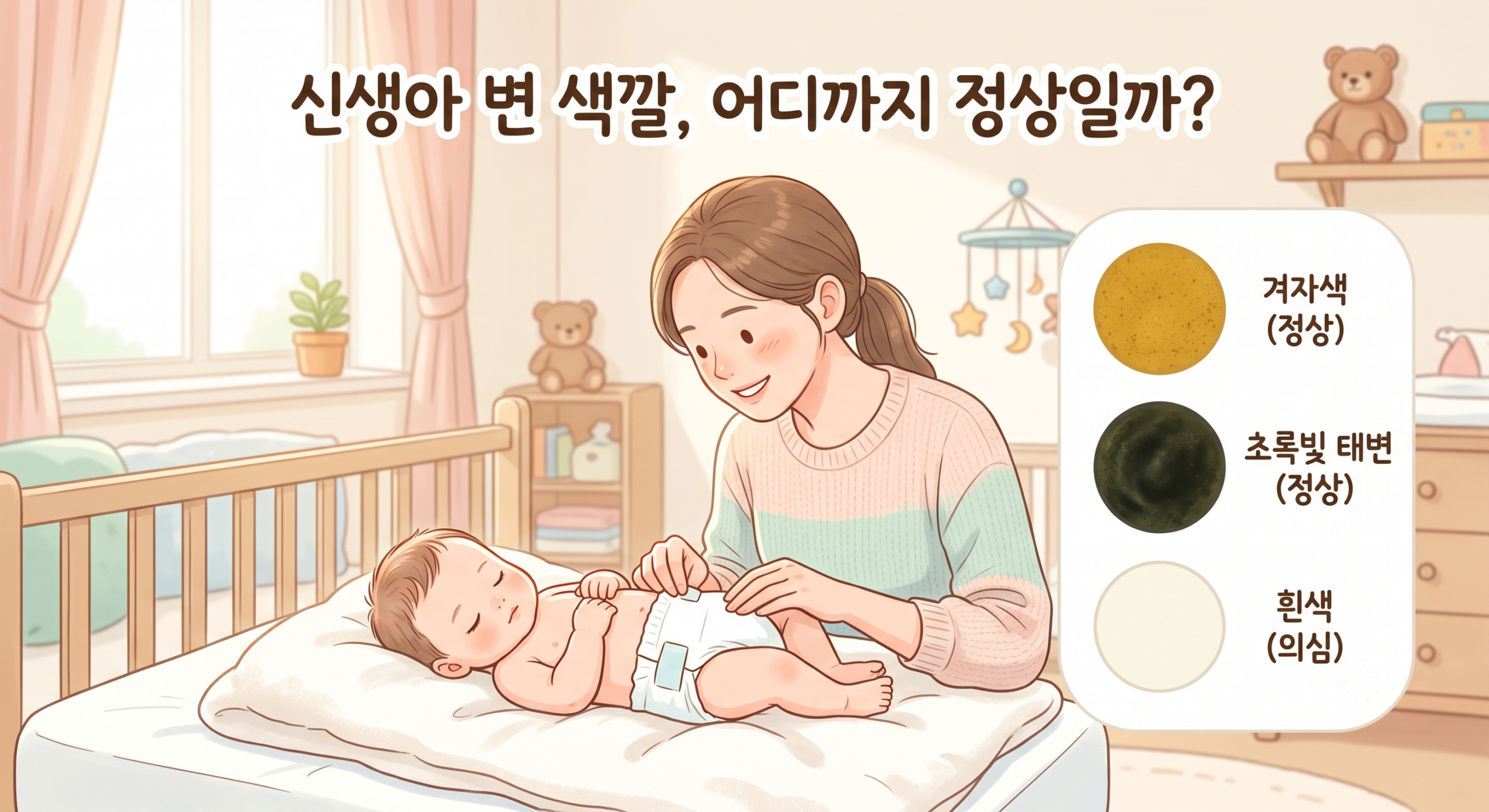 신생아 변 색깔 정상 범위와 병원 가야 하는 색을 비교한 육아 일러스트