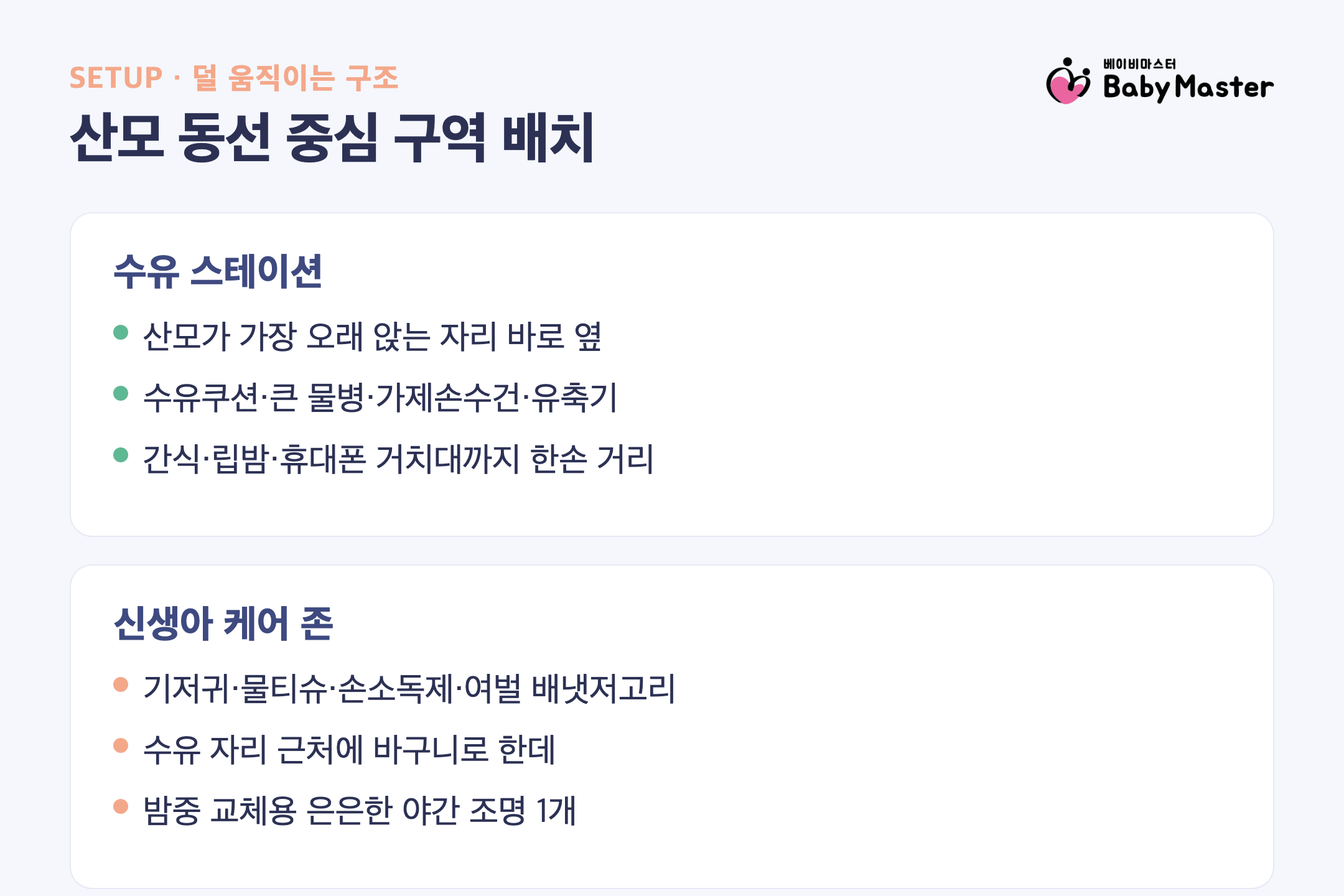 산후조리 집 환경 산모 동선 중심 구역 배치 인포그래픽
